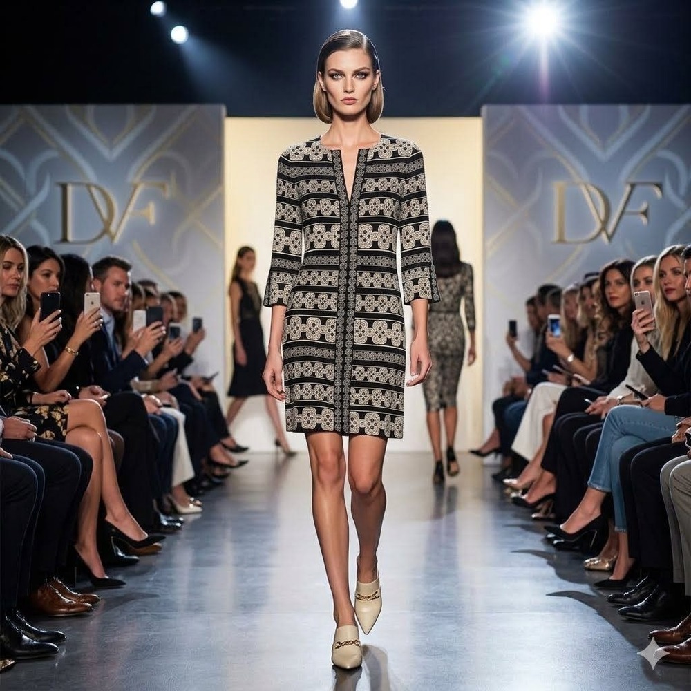 Diane von Furstenberg DVF Black White Silk Jersey Ikat V-Neck Sheath Dress 2